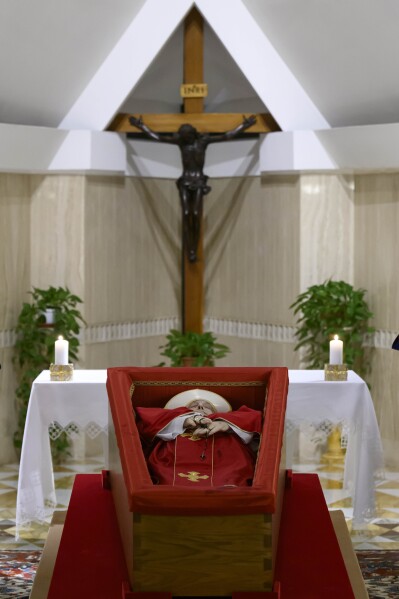 Pope Francis's body is laid out in state inside his private chapel at the Vatican, Monday, April 21, 2025. (Vatican Media via AP, HO)