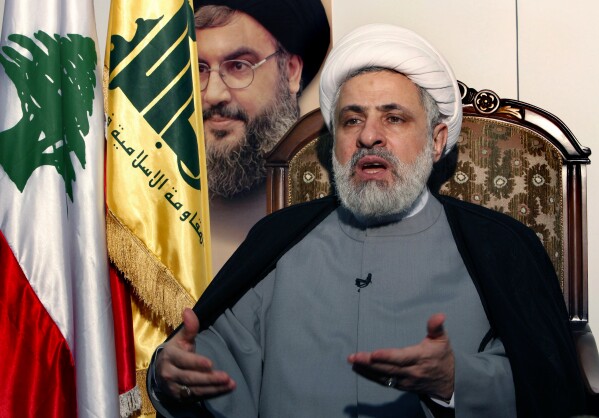 FILE - The deputy chief of Hezbollah, Sheik Naim Kassem, speaks during an interview with the Associated Press in the southern suburb of Beirut, Lebanon, Tuesday June 2, 2009. (AP Photo/Hussein Malla, File)