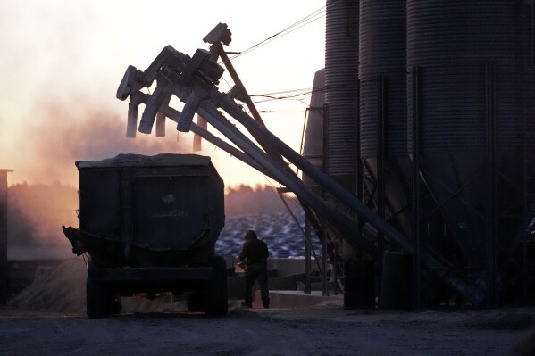 A feed truck is loaded at dawn at the Flood Brothers Farm, Monday, April 1, 2024, in Clinton, Maine. Foreign-born workers make up fully half the farm's staff of nearly 50, feeding the cows, tending crops and helping collect the milk — 18,000 gallons every day. (AP Photo/Robert F. Bukaty)