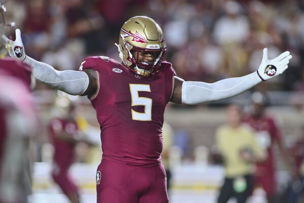 Florida State defensive end Jared Verse (5) gets fired up before an NCAA college football game against Southern Mississippi, Saturday, Sept. 9, 2023, in Tallahassee, Fla. (AP Photo/Phil Sears)