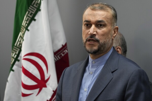 Iranian Foreign Minister Hossein Amirabdollahian, speaks during a joint press conference with his Lebanese counterpart Abdallah Bouhabib, in Beirut Lebanon, Friday, Oct. 13, 2023. Amirabdollahian blasted the United States for calling for restraint in the region while at the same time allowing Israel to 