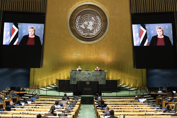 In this photo provided by the United Nations, Erna Solberg, Prime Minister of Norway, speaks in a pre-recorded message which was played during the 75th session of the United Nations General Assembly, Saturday, Sept. 26, 2020, at the UN. headquarters. (Evan Schneider/UN Photo via AP)