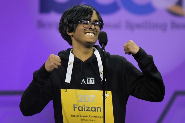 Faizan Zaki, 13, of Dallas, reacts as he wins the 2025 Scripps National Spelling Bee, Thursday, May 29, 2025, in Oxon Hill, Md. (AP Photo/Julia Demaree Nikhinson)