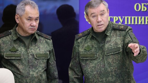FILE - Russian Defense Minister Sergei Shoigu, left, and Chief of the Russian General Staff Valery Gerasimov attend the meeting with Russian President Vladimir Putin during his visit to the joint staff of troops involved in Russia's military operation in Ukraine, at an unknown location, Saturday, Dec. 17, 2022. One possible reason for Prigozhin's mutiny, he said, was the Defense Ministry's refusal to extend a multibillion-dollar contract with his legal catering company, Concord, to supply food to the army. (Gavriil Grigorov, Sputnik, Kremlin Pool Photo via AP, File)