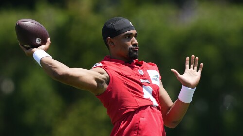 FILE - Philadelphia Eagles quarterback Jalen Hurts takes part in a practice at the NFL football team's training facilities in Philadelphia, Thursday, June 1, 2023. The Eagles are talented and deep on both sides of the ball, though there still are some questions heading into camp. (AP Photo/Matt Rourke, File)