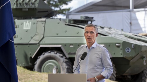 NATO Secretary General Jens Stoltenberg speaks during a press conference at Exercise Griffin Storm 2023 during the visit to the Training Range in Pabrade, some 60km, (38 miles) north of the capital Vilnius, Lithuania, Monday, June 26, 2023. (AP Photo/Mindaugas Kulbis)