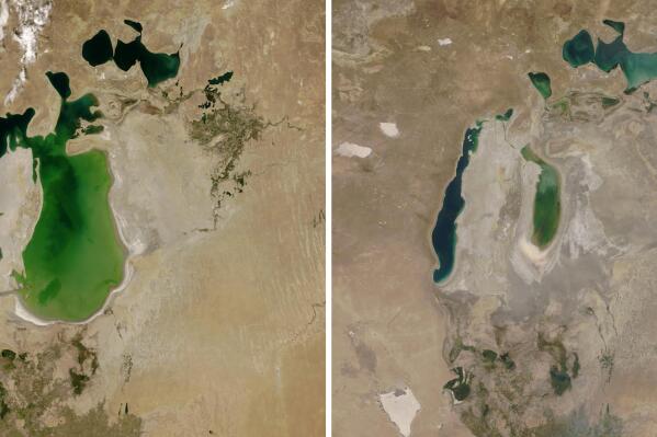 These photos provided by NASA Earth Observatory shows the Aral Sea is visible on Aug. 25, 2000, left, and on Aug. 21, 2018 between Kazakhstan and Uzbekistan. A new study Thursday, May 18, 2023, says climate change’s hotter temperatures and society’s diversion of water have been shrinking the world’s lakes, including the Aral Sea, by trillions of gallons of water a year since the early 1990s. (NASA Earth Observatory via AP)