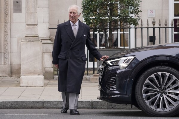 FILE -Britain's King Charles III leaves The London Clinic in central London, Monday, Jan. 29, 2024. King Charles III was in hospital to receive treatment for an enlarged prostate. The palace鈥檚 disclosure that King Charles III has been diagnosed with cancer shattered centuries of British history and tradition in which the secrecy of the monarch鈥檚 health has reigned. Following close behind the shock and well wishes for the 75-year-old monarch came widespread surprise that the palace had announced anything at all. (APPhoto/Alberto Pezzali, File)