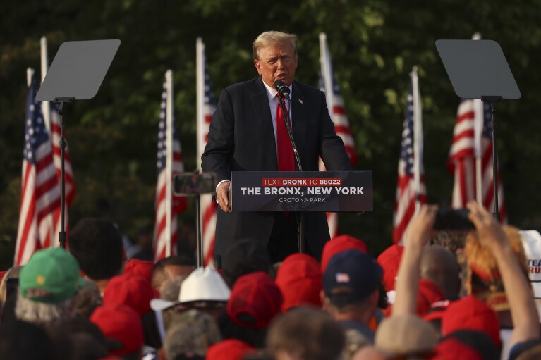 Former President Donald Trump speaks at a rally, Thursday, May 23, 2024, in the Bronx borough of New York. (AP Photo/Yuki Iwamura)
