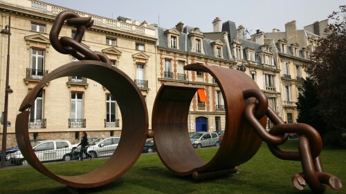 FILE - A statue called "Iron", symbolizing the liberator of slavery in seen in a public garden Friday, April 3, 2009 in Paris. France's highest court has rejected a request by three groups seeking reparations for slavery in a case that originated on the French Caribbean island of Martinique. The court's decision on Wednesday July 5, 2023 said no individual produced evidence showing they had "suffered individually" any damage from the crimes that their ancestors had been subjected to. (AP Photo/Jacques Brinon)