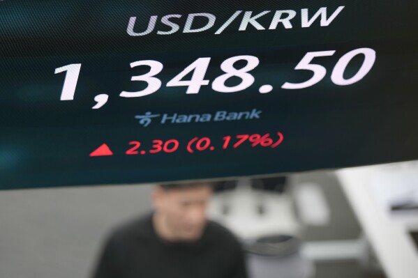The screen showing the foreign exchange rate between U.S. dollar and South Korean won is seen at a foreign exchange dealing room in Seoul, South Korea, Friday, March 29, 2024. Asian shares were mostly higher Friday in quiet holiday trading, with markets closed in Hong Kong, Sydney, Singapore and India, among other places. (AP Photo/Lee Jin-man)
