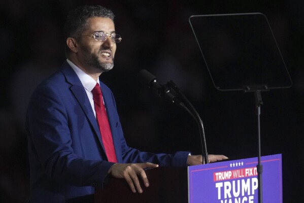 Hamtramck Mayor Amer Ghalib speaks before Republican presidential nominee former President Donald Trump arrives at a campaign rally at Van Andel Arena, Monday, Nov. 4, 2024, in Grand Rapids, Mich. (AP Photo/Paul Sancya)