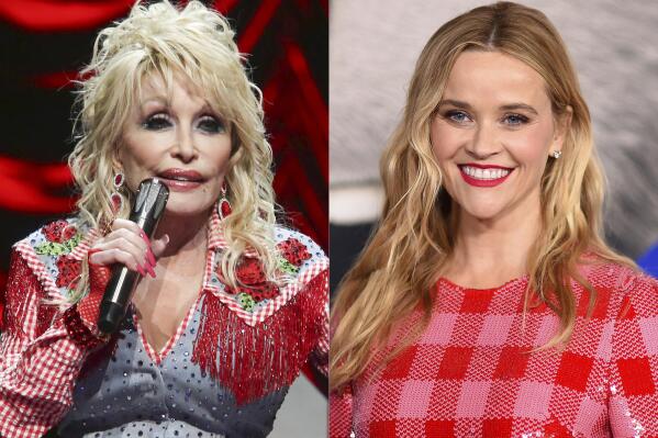 This combination of photos shows Dolly Parton performing at Austin City Limits Live during the South by Southwest Music Festival in Austin, Texas on March 18, 2022, left, and Reese Witherspoon at the premiere of "Sing 2" in Los Angeles on Dec. 12, 2021. Parton is teaming with Witherspoon’s Hello Sunshine media company for an adaptation of the best-selling novel she co-wrote with James Patterson, “Run, Rose Run.” Published in early March, the Nashville-based book centers on a bond between an aspiring country singer and a retired country superstar loosely inspired by Parton's own life. (AP Photo)