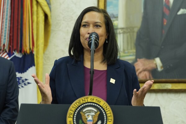 District of Columbia Mayor Muriel Bowser speaks during an event where President Donald Trump announces that the 2027 NFL Draft will be held on the National Mall, in the Oval Office of the White House, Monday, May 5, 2025, in Washington. (AP Photo/Alex Brandon)