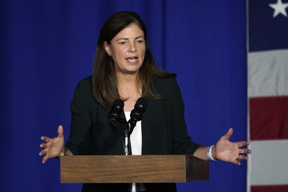 Former Republican Senator Kelly Ayotte of New Hampshire speaks at a campaign rally, Tuesday, Sept. 22, 2020, at Lanconia Municipal Airport in Gilford, N.H. Ayotte has announced Monday, July 24, 2023, she'll be running for governor, days after fellow Republican Chris Sununu said he’s not seeking reelection to a fifth term in 2024. (AP Photo/Robert F. Bukaty)