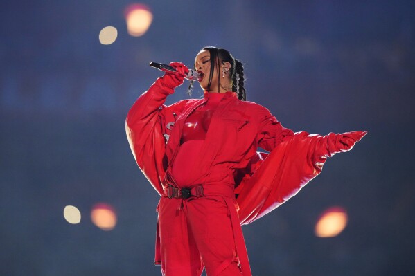 FILE - Rihanna performs during the halftime show at the NFL Super Bowl 57 football game between the Kansas City Chiefs and the Philadelphia Eagles on Feb. 12, 2023, in Glendale, Ariz. (APPhoto/Matt Slocum, File)