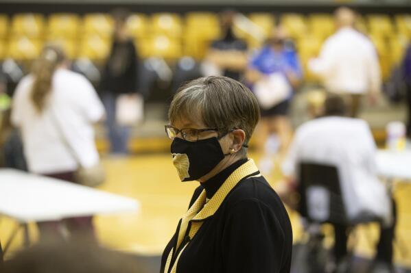 Kansas Gov. Laura Kelly tours a vaccination clinic at Topeka High School Monday, May 17, 2021, in Topeka, Kan. (Evert Nelson/The Topeka Capital-Journal via AP)