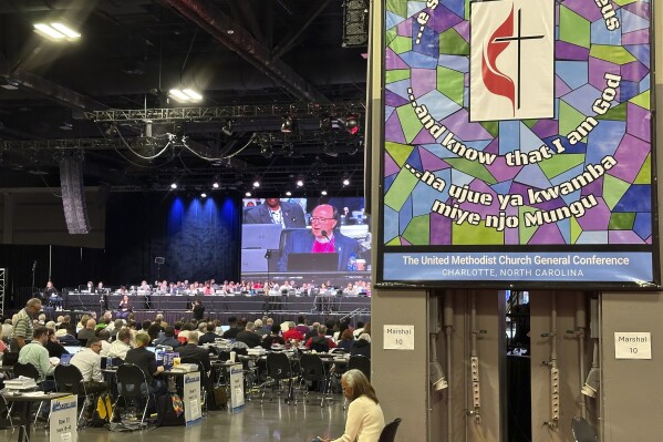 Michigan Bishop David Bard presides at a session of the General Conference of the United Methodist Church on Tuesday, April 30, 2024, in Charlotte, N.C. (AP Photo/Peter Smith)