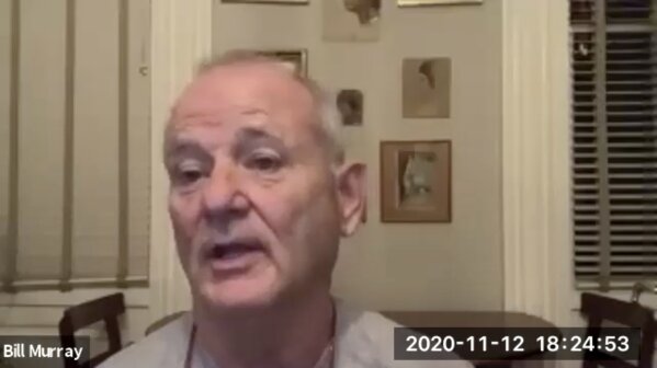 In this November 12, 2020 image taken from video, actor Bill Murray takes part in a virtual production of "Poetry for the Pandemic." Murray is set to play Job in a biblical reading designed to spark meaningful conversations across spiritual and political divides. (Theater of War Productions via AP)