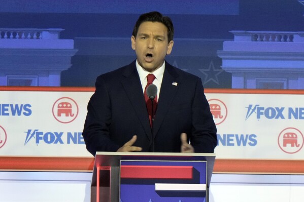 Republican presidential candidate Florida Gov. Ron DeSantis speaks during a Republican presidential primary debate hosted by FOX News Channel Wednesday, Aug. 23, 2023, in Milwaukee. (AP Photo/Morry Gash)