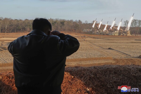 In this photo provided by the North Korean government, North Korean leader Kim Jong Un supervises a live-fire drill of “super-large” multiple in North Korea Monday, March 18, 2024. Independent journalists were not given access to cover the event depicted in this image distributed by the North Korean government. The content of this image is as provided and cannot be independently verified. Korean language watermark on image as provided by source reads: "KCNA" which is the abbreviation for Korean Central News Agency. (Korean Central News Agency/Korea News Service via AP)