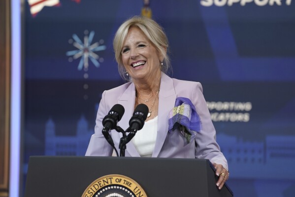 First lady Jill Biden speaks during an event with the National Education Association in the South Court Auditorium on the White House campus, Tuesday, July 4, 2023, in Washington. (AP Photo/Evan Vucci)