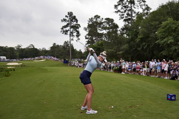 Nelly Korda hits from the 17th tee during the second round of the Chevron Championship LPGA golf tournament Friday, April 19, 2024, at The Club at Carlton Woods, in The Woodlands, Texas. (AP Photo/David J. Phillip)