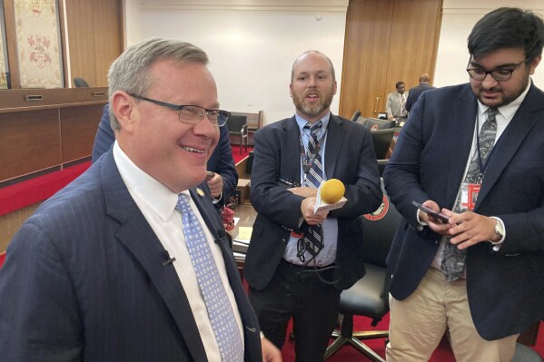 North Carolina House Speaker Tim Moore, R-Cleveland, speaks to reporters on the House floor in the Legislative Building in Raleigh, N.C., on Tuesday, Sept. 12, 2023. Moore spoke about delays in the state budget that can be attributed to a standoff between House and Senate Republicans over whether to insert gambling expansion provisions within the legislation. (AP Photo/Gary D. Robertson)