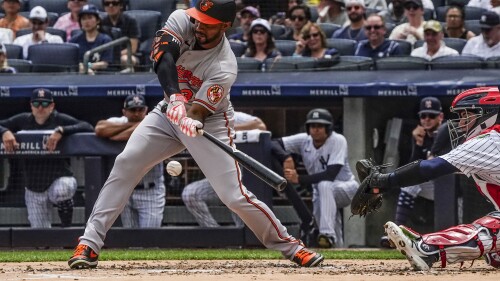 Baltimore Orioles' Aaron Hicks grounds out to third during the second inning of a baseball game against the New York Yankees, Tuesday, July 4, 2023, in New York. (AP Photo/Bebeto Matthews)