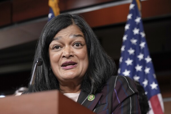 FILE - Rep. Pramila Jayapal, D-Wash., speaks during a news conference, May 24, 2023, on Capitol Hill in Washington. The House will vote on a Republican-led resolution reaffirming support for Israel, which appears to serve as implicit rebuke of a leading Democrat who called the country a “racist state” but later apologized. (AP Photo/Mariam Zuhaib, File)