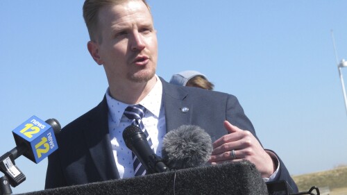 Shawn LaTourette, New Jersey's environmental protection commissioner, speaks at a news conference in Middletown N.J. on March 8, 2021. On June 28, 2023, he and the state's attorney general, Matt Platkin, announced a settlement with Solvay Specialty Polymers in which the company will spend nearly $393 million to address contamination from so-called "forever chemicals" at its facility in West Deptford, N.J. just outside Philadelphia. (AP Photo/Wayne Parry)
