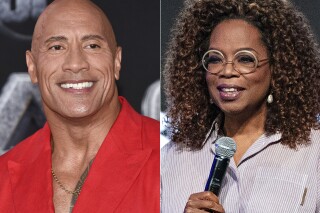 Dwayne Johnson attends the world premiere of "Black Adam" in New York on Oct. 12, 2022, left, and Oprah Winfrey appears at the Essence Festival of Culture in New Orleans on June 30, 2023. Johnson and Winfrey have committed $10 million to make direct payments to people on Maui who are unable to return to their homes because of the wildfires. (AP Photo)