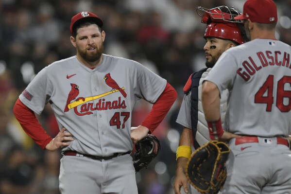 St. Louis Cardinals starting pitcher Jordan Montgomery (47) reacts before leaving a baseball game during the fifth inning against the Chicago White Sox, Friday, July 7, 2023, in Chicago. (AP Photo/Paul Beaty)