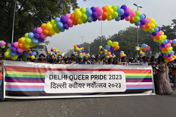 Participants of the Delhi Queer Pride Parade carry a banner during the march in New Delhi, India, Sunday, Nov. 26, 2023. This annual event comes as India's top court refused to legalize same-sex marriages in an October ruling that disappointed campaigners for LGBTQ+ rights in the world's most populous country. (AP Photo/Shonal Ganguly)