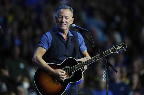 Bruce Springsteen performs at a campaign rally supporting Democratic presidential nominee Vice President Kamala Harris, Oct. 28, 2024, in Philadelphia. (AP Photo/Matt Rourke, File)