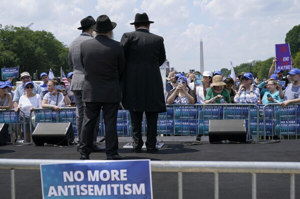 FILE - People attend the "NO FEAR: Rally in Solidarity with the Jewish People" event in Washington, Sunday, July 11, 2021, co-sponsored by the Alliance for Israel, Anti-Defamation League, American Jewish Committee, B'nai B'rith International and other organizations. The American Jewish Committee released a survey on Tuesday, Feb. 13, 2024, that found nearly two-thirds of American Jews feel less secure in the U.S. than they did a year ago. The group conducted the survey on antisemitism last fall just as the Israel-Hamas war began. (AP Photo/Susan Walsh, File)