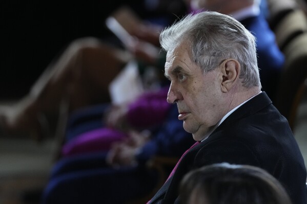 FILE - Former President Milos Zeman attends the inauguration ceremony for the newly elected Czech President Petr Pavel at the Prague Castle in Prague, Czech Republic, Thursday, March 9, 2023. Former Czech president Milos Zeman was in stable but serious condition on Friday, March 15, 2025 a day after undergoing a surgery, a university clinic in Prague said. The Motol hospital said Zeman was operated on due to a lack of blood sullies in one of his legs caused by a blood clot. (AP Photo/Petr David Josek, File)