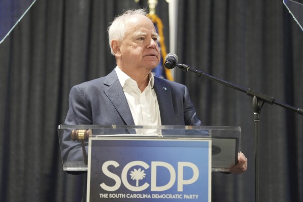 Minnesota Gov. Tim Walz speaks to delegates at the South Carolina Democratic Party Convention, Saturday, May 31, 2025, in Columbia, S.C. (AP Photo/Meg Kinnard)