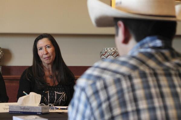 U.S. Rep. Teresa Leger Fernández listens to wildfire victims during a roundtable discussion on Sept. 26, 2022, in Albuquerque, N.M. A government spending bill includes $2.5 billion to help New Mexico communities recover from the Hermit's Peak/Calf Canyon Fire, the largest wildfire in the state's history. It was sparked by the federal government. (AP Photo/Susan Montoya Bryan)