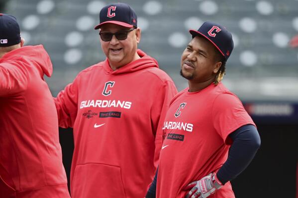 Cleveland Guardians manager Terry Francona, left, talks with Jose Ramirez, right, during a workout, Thursday, Oct. 6, 2022, in Cleveland, the day before their wild card baseball playoff game against the Tampa Bay Rays. (AP Photo/David Dermer)