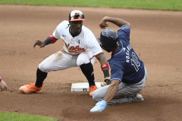 Baltimore Orioles second baseman Jorge Mateo, left, tags out Tampa Bay Rays' Amed Rosario, right, as he attempts to steal second base during the fourth inning of a baseball game, Sunday, June 2, 2024, in Baltimore. (AP Photo/Nick Wass)