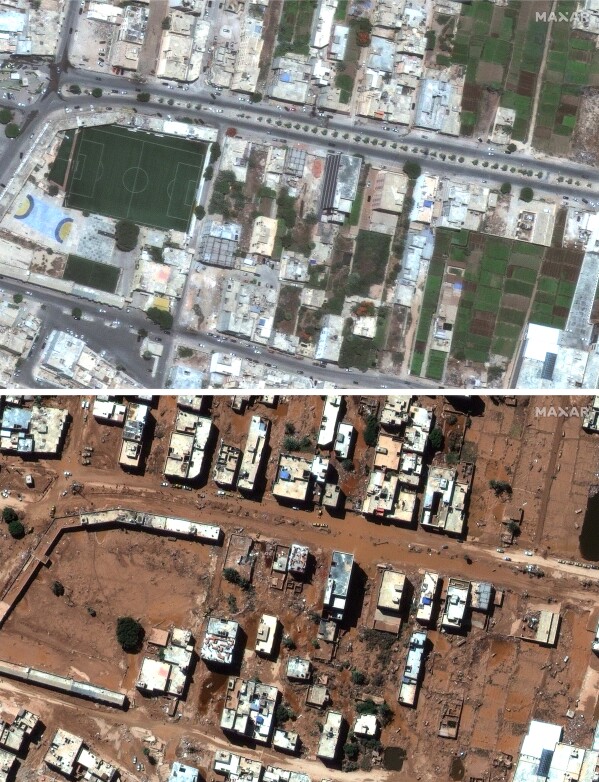 This combination of satellite images from Maxar Technologies shows a neighborhood of Derna, Libya, on July 1, 2023, top, and the same flood damaged area on Wednesday, Sept. 13, 2023. (Satellite image ©2023 Maxar Technologies via AP)