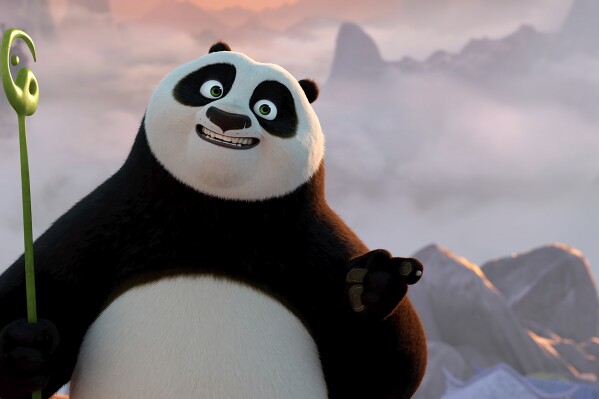 This image released by Universal Pictures shows Po, voiced by Jack Black, in a scene from DreamWorks Animation's "Kung Fu Panda 4." (DreamWorks Animation/Universal Pictures via AP)