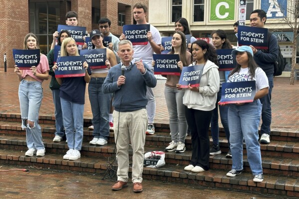 North Carolina Attorney General Josh Stein gives a campaign speech outside the student union at the University of North Carolina at Chapel Hill, N.C., Thursday, Jan. 25, 2024. Stein spoke at a kickoff of his gubernatorial campaign's "Students for Stein" movement. With a large fundraising advantage and support from outgoing Gov. Roy Cooper, Stein appears to be the frontrunner for the Democratic nomination, which will be decided in the March 5 primary. (AP Photo/Gary D. Robertson)