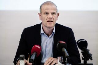 FILE - Lars Findsen, head of the foreign intelligence service, known as FE, speaks during the Defense Intelligence Service's publication of the annual report 'Intelligence Risk Assessment' at Kastellet in Copenhagen, Dec. 19, 2017. An appeals court in Denmark on Thursday Feb. 17, 2022 ordered the release of the country's former chief of foreign intelligence, who had been held in pre-trial custody on a preliminary charge of “disclosing highly classified information.” (Liselotte Sabroe/Ritzau Scanpix via AP, File)