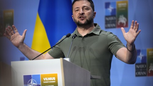 Ukraine's President Volodymyr Zelenskyy addresses a media conference at a NATO summit in Vilnius, Lithuania, Wednesday, July 12, 2023. The United States and other major industrialized nations are pledging long-term security assistance for Ukraine as it continues to fight Russia's invasion. (AP Photo/Pavel Golovkin)