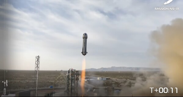 This image taken from video provided by Blue Origin shows the New Shepard rocket blasting off in West Texas, Monday, April 14, 2025. (Blue Origin via AP)