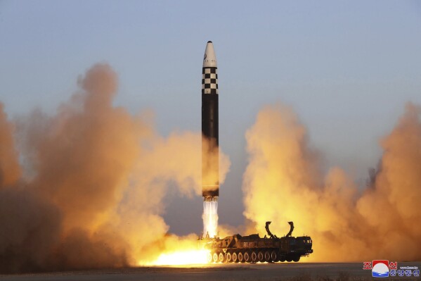 FILE - This photo provided by the North Korean government shows what it says is an intercontinental ballistic missile in a launching drill at the Sunan international airport in Pyongyang, North Korea on March 16, 2023. Independent journalists were not given access to cover the event depicted in this image distributed by the North Korean government. The content of this image is as provided and cannot be independently verified. Korean language watermark on image as provided by source reads: 