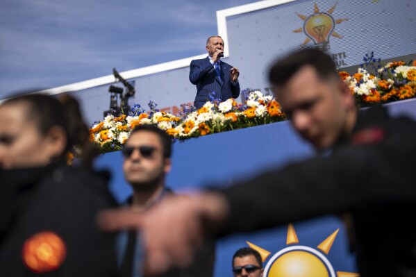 Turkish President and leader of the Justice and Development Party, or AKP, Recep Tayyip addresses supporters during a campaign rally in Istanbul, Turkey, Sunday, March 24, 2024. Turkey was coming to terms on Monday with the opposition's unexpected success in local elections which saw it outperform President Recep Tayyip Erdogan's ruling party and add to municipalities gained five years ago. (AP Photo/Francisco Seco)