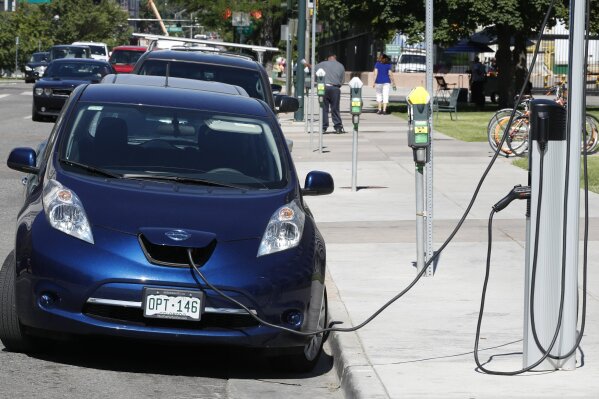 FILE – In this June 26, 2018 file photo, a Nissan Leaf charges at a recharge station while parked by the Denver City County Building in downtown Denver. The Colorado Air Quality Control Commission approved a new regulation on Friday, Aug. 16, 2019, requiring that at least 5% of the vehicles sold in the state by 2023 emit zero pollution. The rule approved Friday by the state Air Quality Control Commission applies to auto manufactures, not buyers. It's intended to boost the number of electric vehicles in a state struggling to control air pollution in heavily populated areas. (AP Photo/David Zalubowski, File)